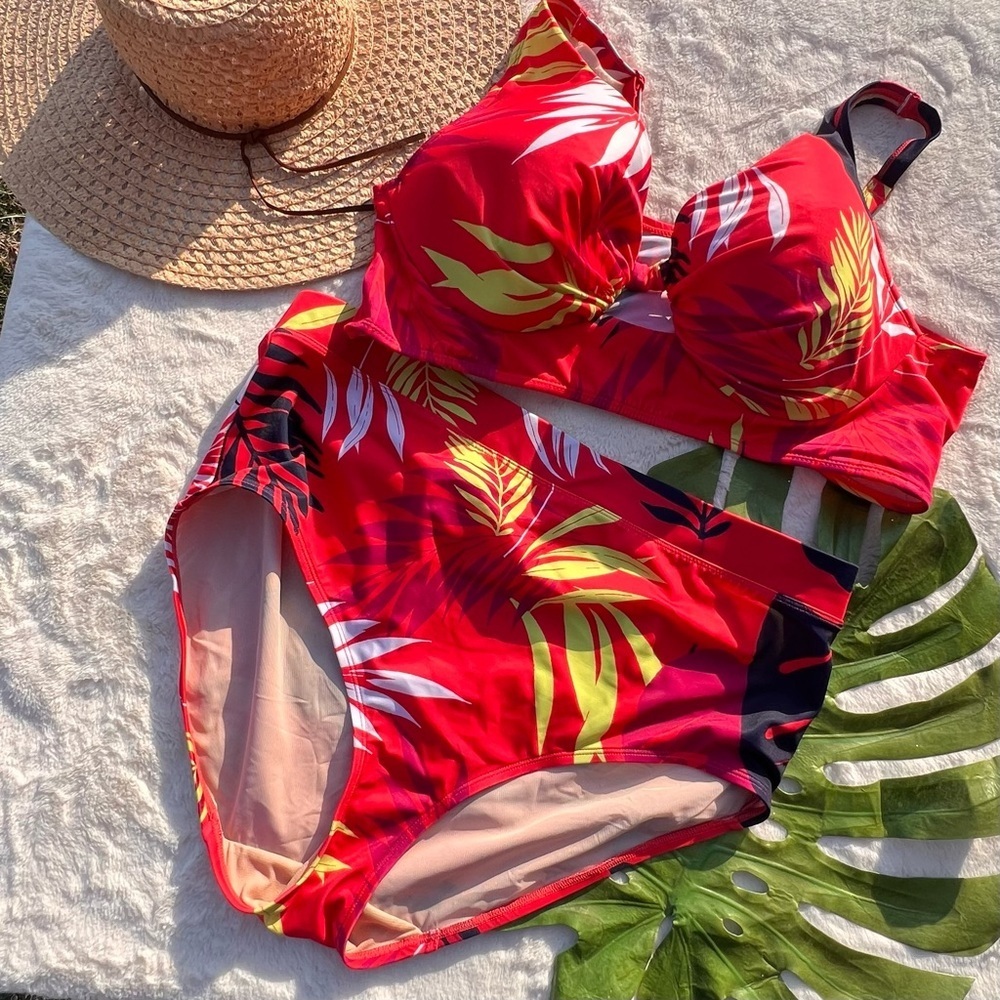 Cacique Red Tropical High Waisted Bikini Set 42DD Top & 22 Bottom Plus Size Swim